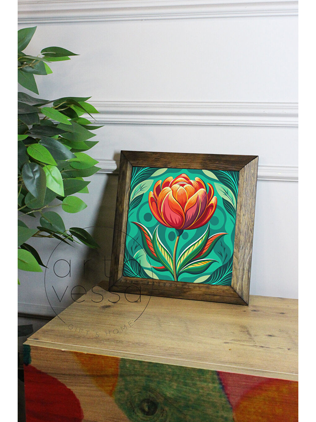 Beyaz Masif Ahşap Çerçeveli Taş Tablo Pano 26 x 26 cm - Bahar ve Çiçek 1 - 26 x 26