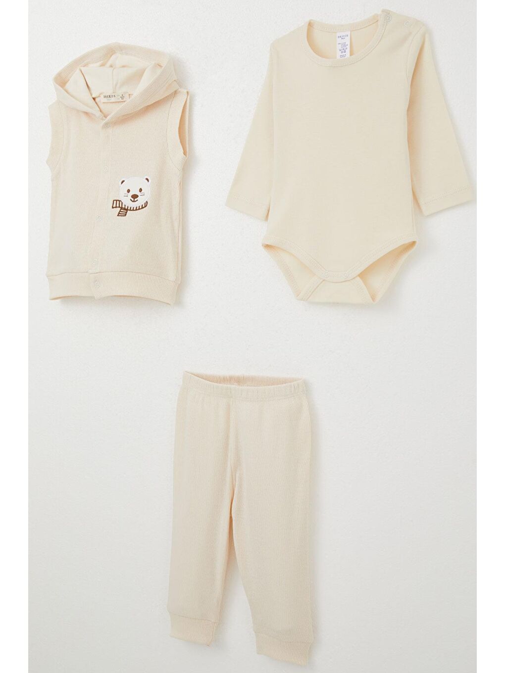 Ekru Erkek Bebek Zıbınlı 3 Lü Takım Sevimli Ayıcık Nakışlı Kapüşonlu Krem (4 Ay-1 Yaş)
