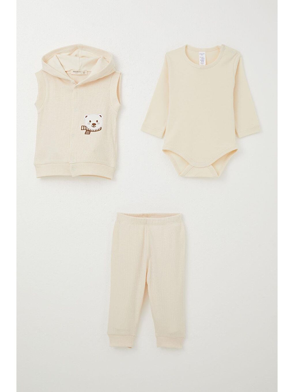 Ekru Erkek Bebek Zıbınlı 3 Lü Takım Sevimli Ayıcık Nakışlı Kapüşonlu Krem (4 Ay-1 Yaş)-2