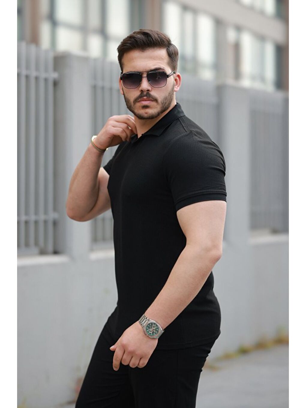 Siyah Erkek Yakalı Waffle Dokulu Kısa Kollu Tişört-1