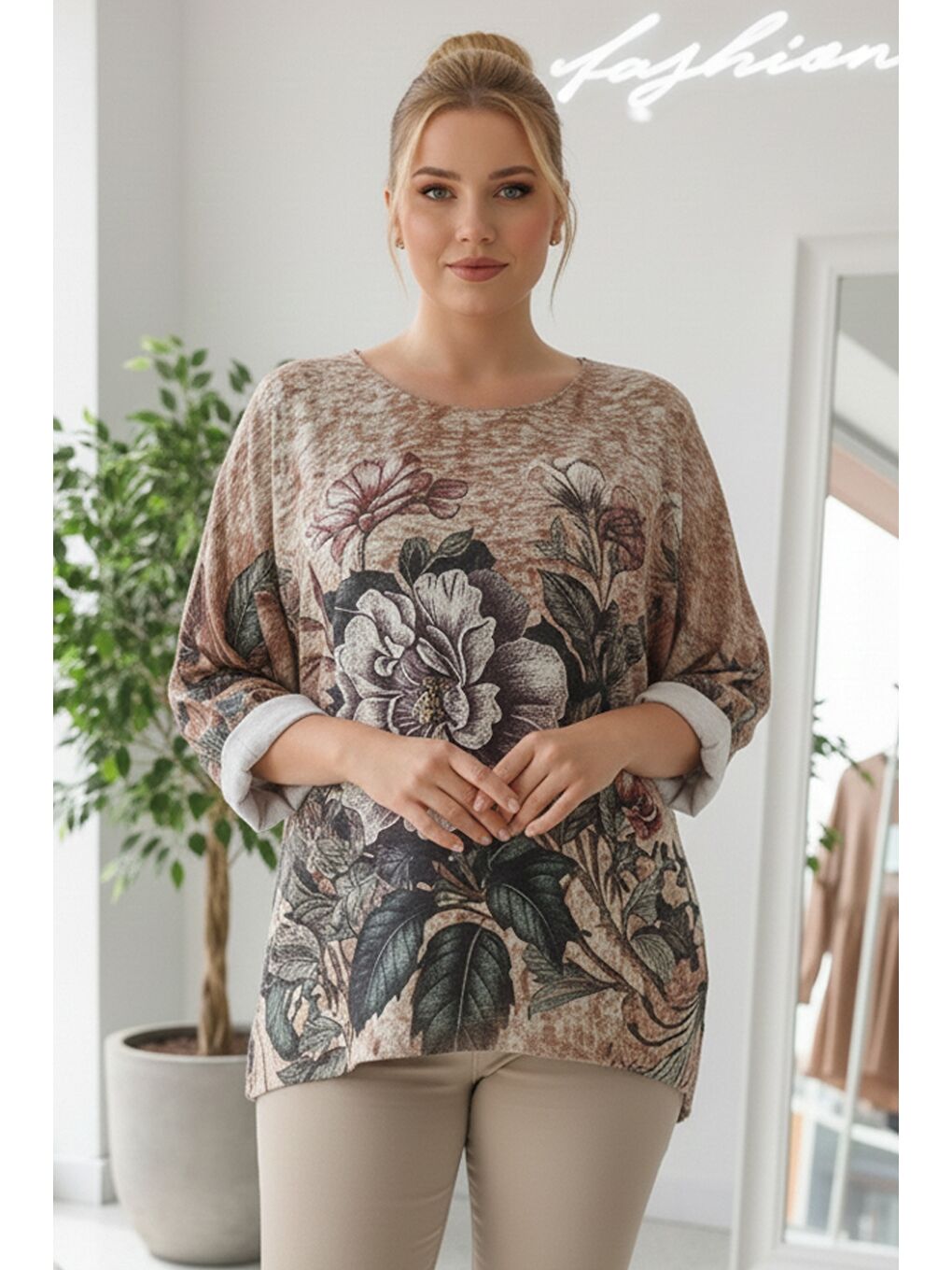 Kahverengi İtalyan Büyük Beden Camel Havuz Yaka Uzun Kol Dijital Baskılı Casual Triko Bluz 75 68-1