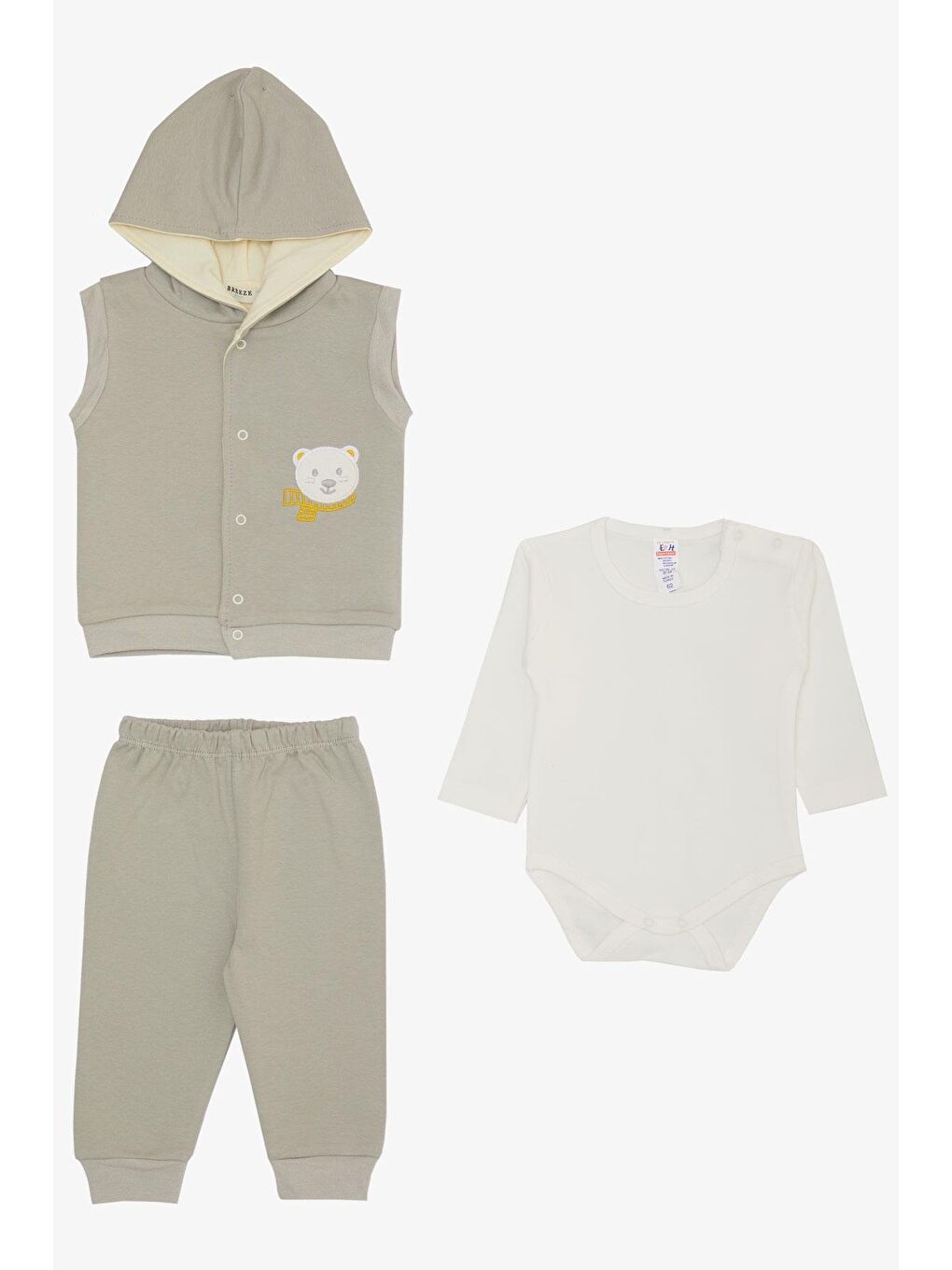 Erkek Bebek Zıbınlı 3 Lü Takım Sevimli Ayıcık Nakışlı Kapüşonlu Açık Gri (4-9 Ay)