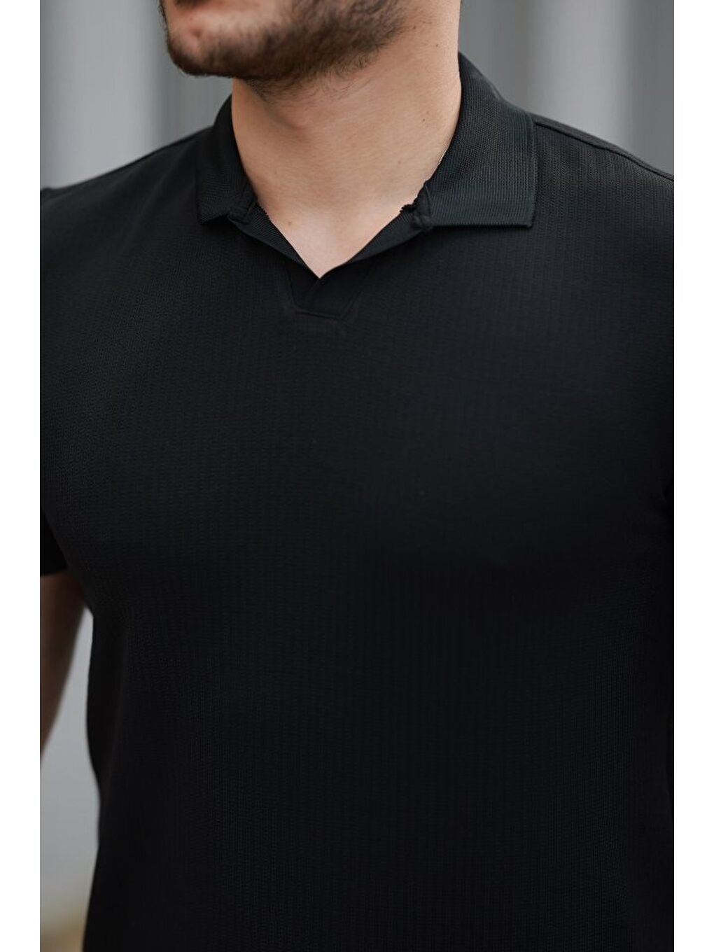 Siyah Erkek Yakalı Waffle Dokulu Kısa Kollu Tişört-2