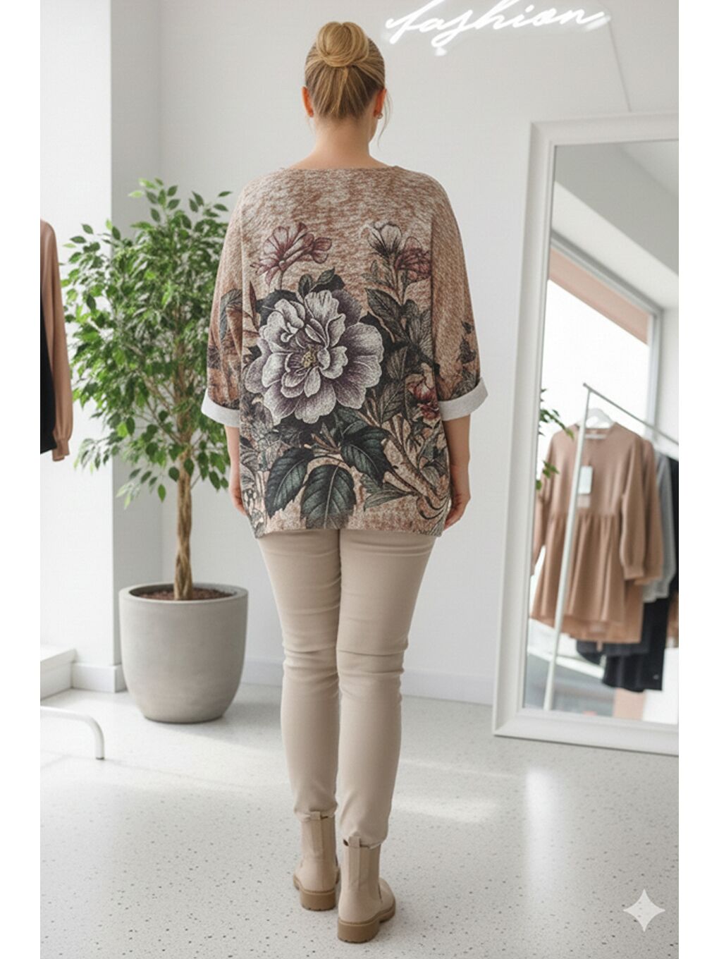 Kahverengi İtalyan Büyük Beden Camel Havuz Yaka Uzun Kol Dijital Baskılı Casual Triko Bluz 75 68-3