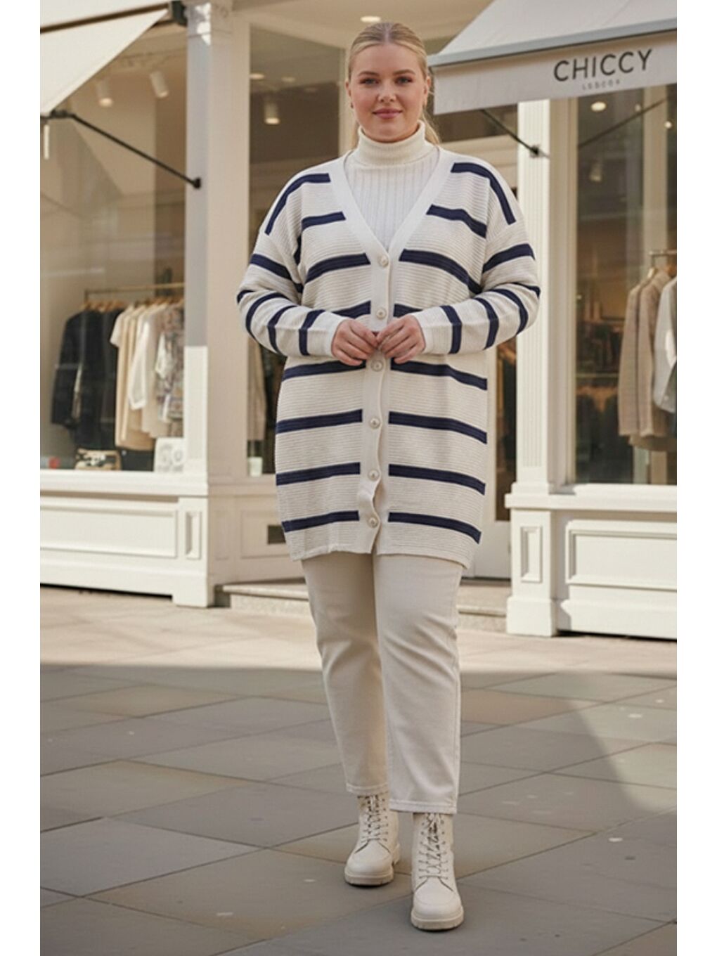 Büyük Beden Ekru V Yaka Uzun Kol Çizgili Düğmeli Casual Triko Hırka 90 65-1