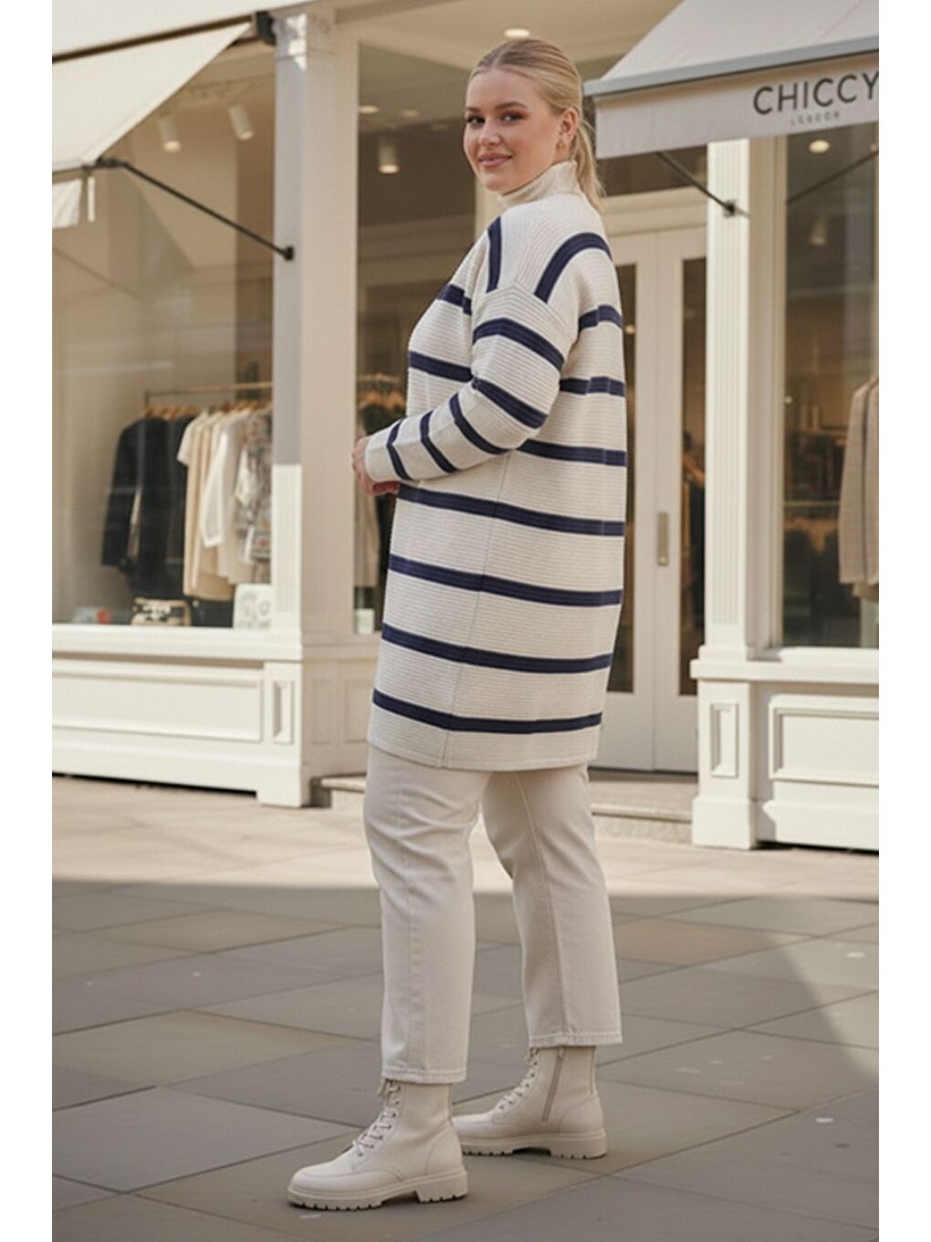 Büyük Beden Ekru V Yaka Uzun Kol Çizgili Düğmeli Casual Triko Hırka 90 65-2