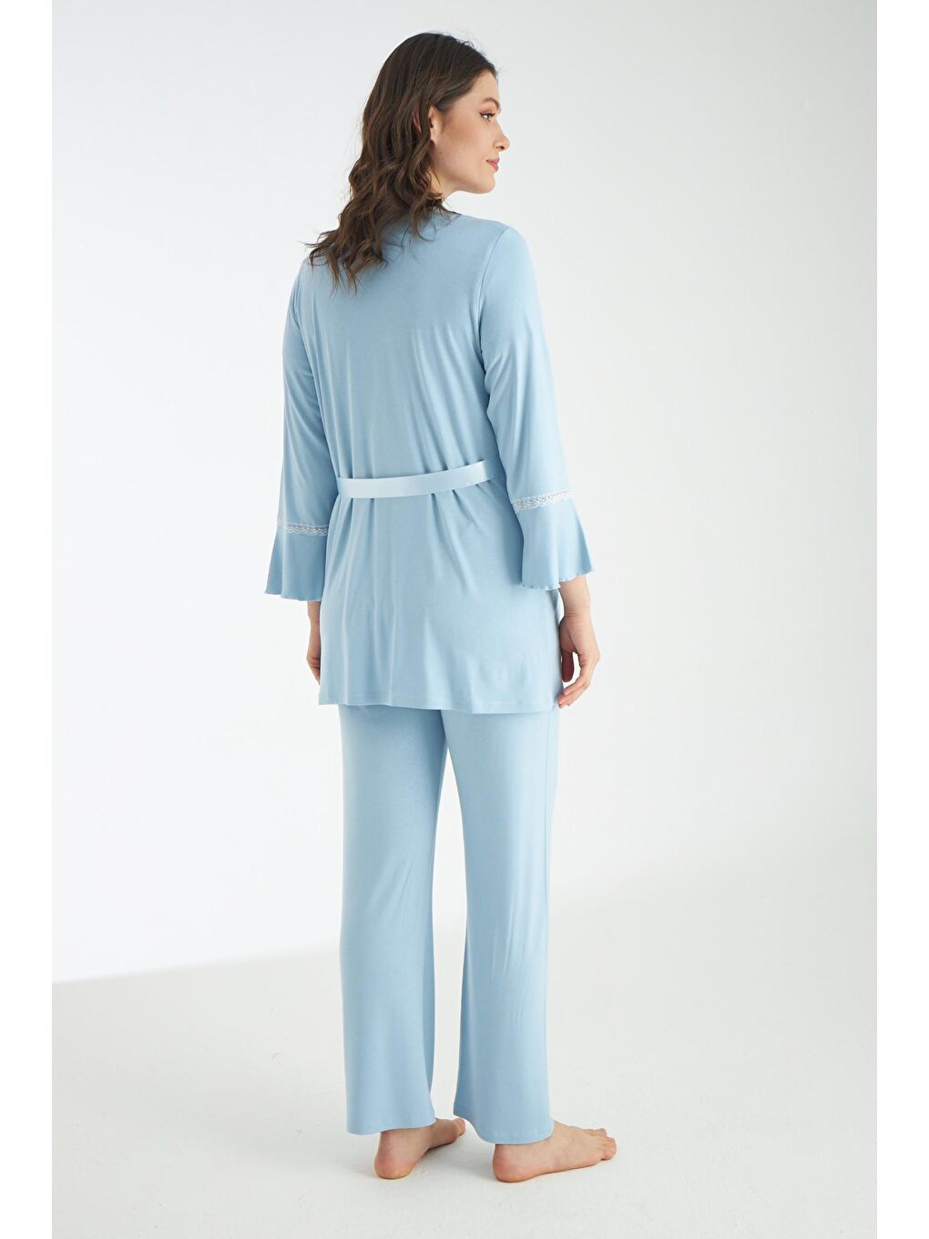 Bebe Mavisi Dantel Detaylı 3lü Sabahlıklı Hamile Ve Lohusa Pijama Takımı-1