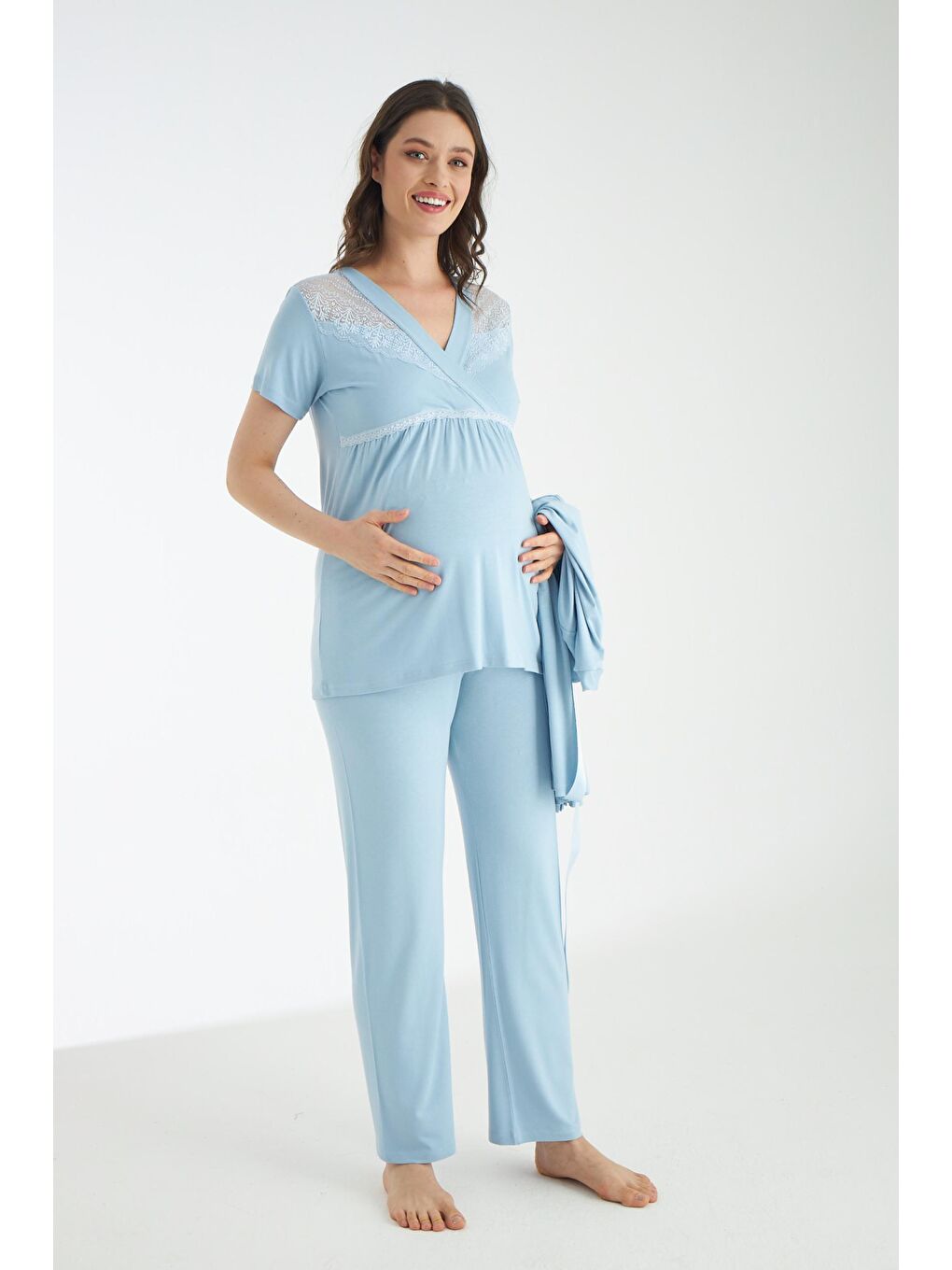 Bebe Mavisi Dantel Detaylı 3lü Sabahlıklı Hamile Ve Lohusa Pijama Takımı-2