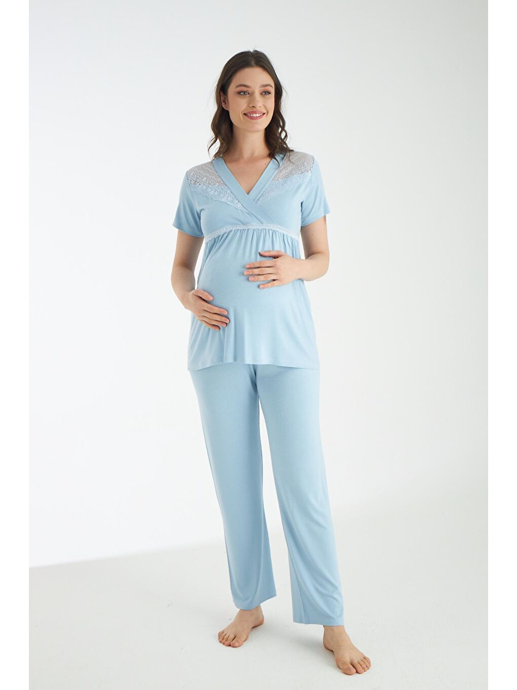 Bebe Mavisi Dantel Detaylı 3lü Sabahlıklı Hamile Ve Lohusa Pijama Takımı-3