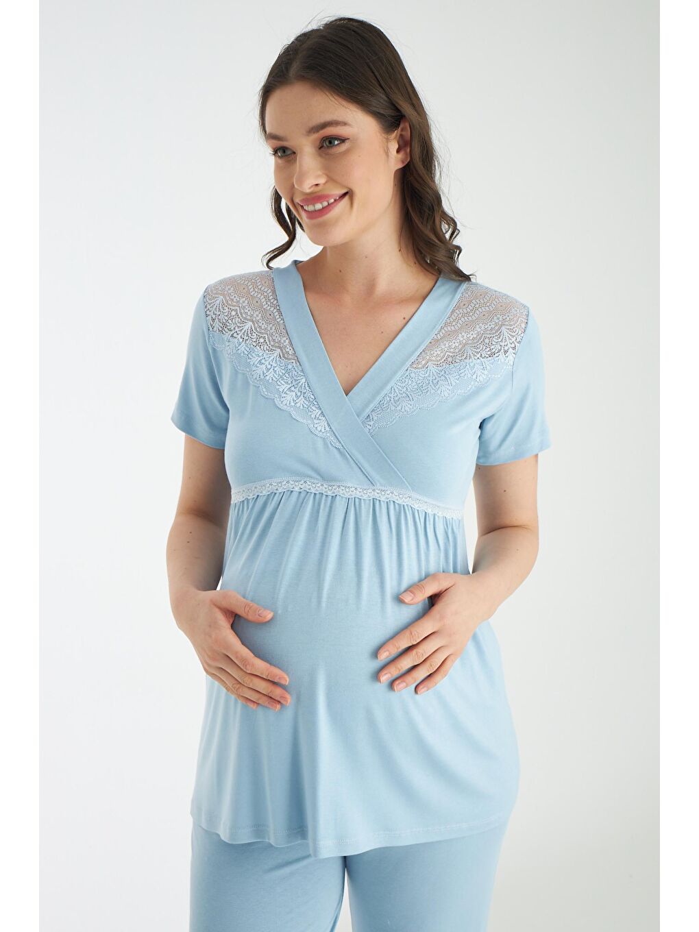Bebe Mavisi Dantel Detaylı 3lü Sabahlıklı Hamile Ve Lohusa Pijama Takımı-4