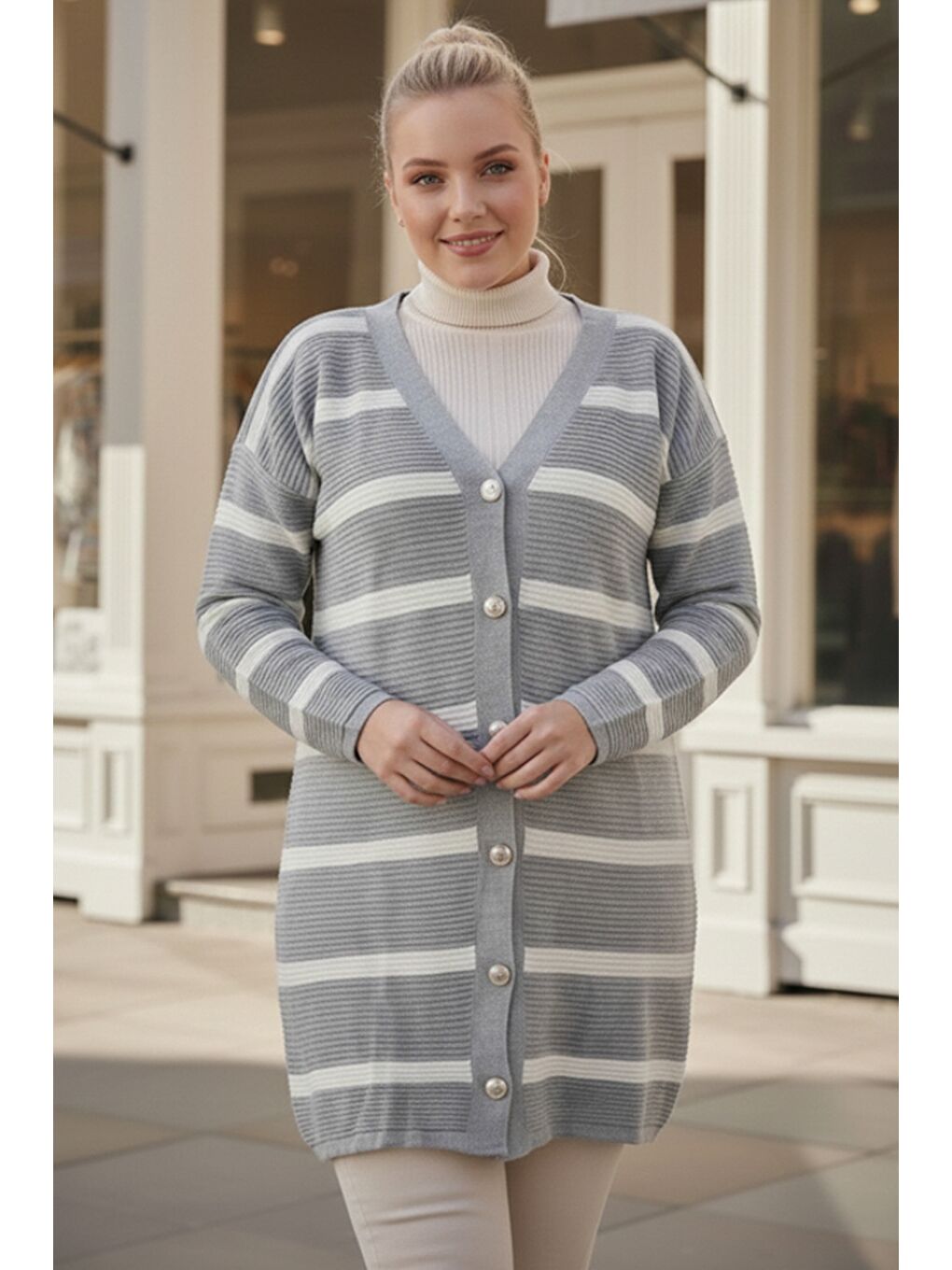 Büyük Beden Gri-Beyaz V Yaka Uzun Kol Çizgili Düğmeli Casual Triko Hırka 90 65