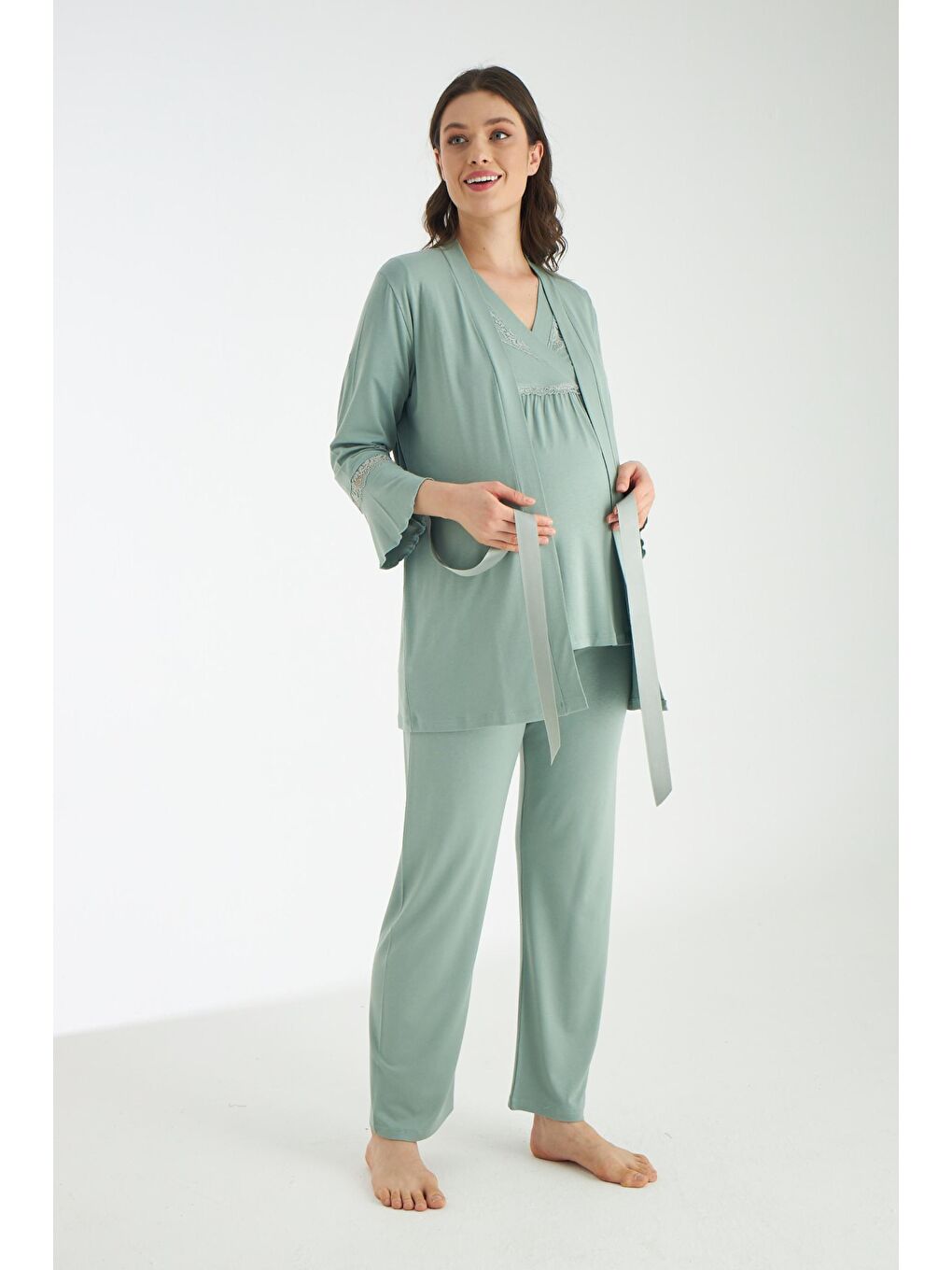 Yeşil Dantel Detaylı 3lü Sabahlıklı Hamile Ve Lohusa Pijama Takımı