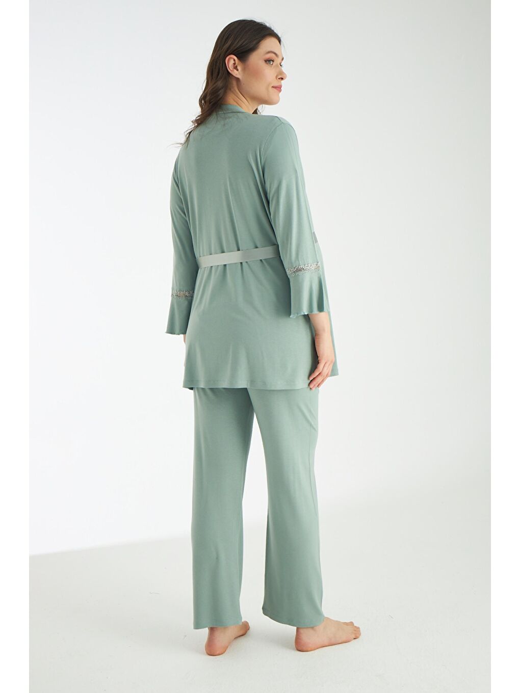 Yeşil Dantel Detaylı 3lü Sabahlıklı Hamile Ve Lohusa Pijama Takımı-1