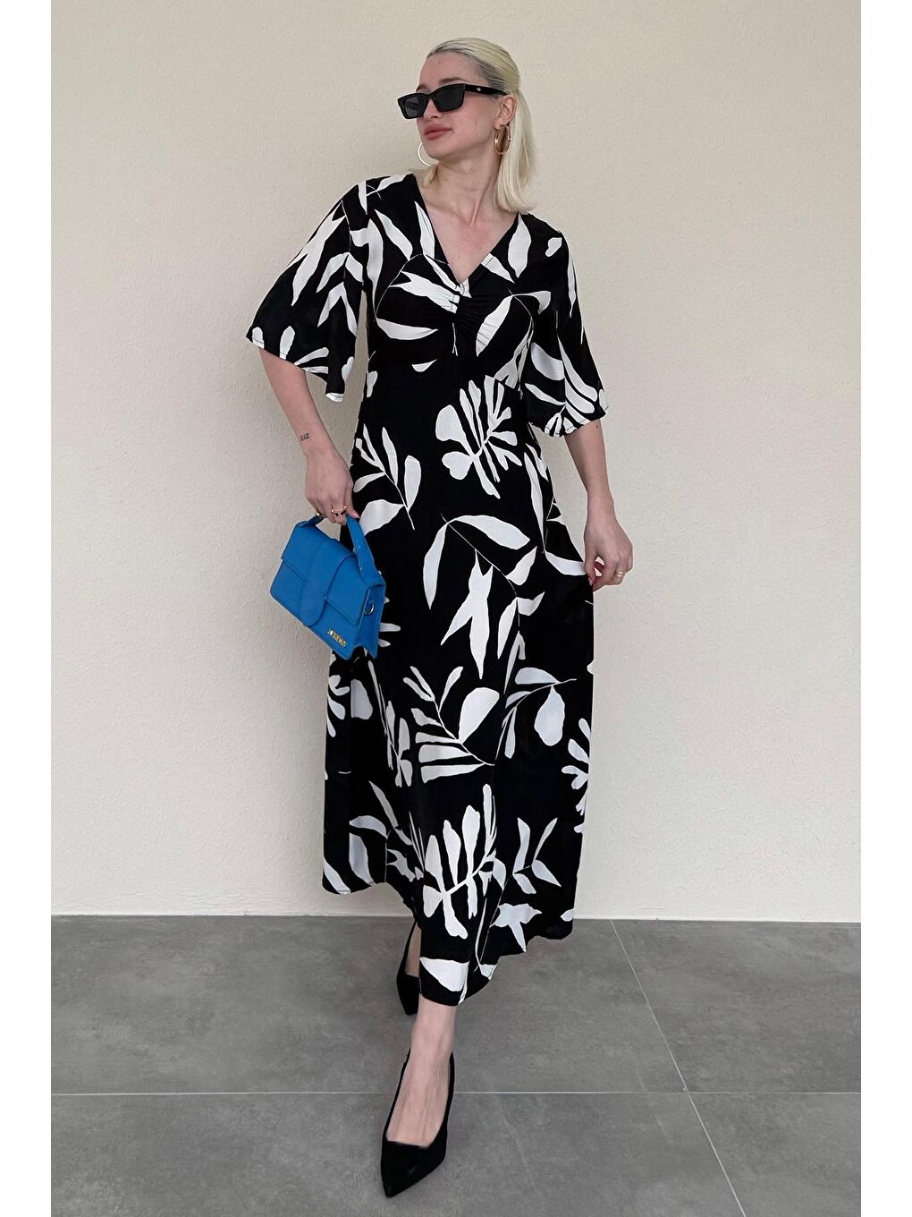 Siyah Desenli Yarım Kollu Elbise Mg2395-2