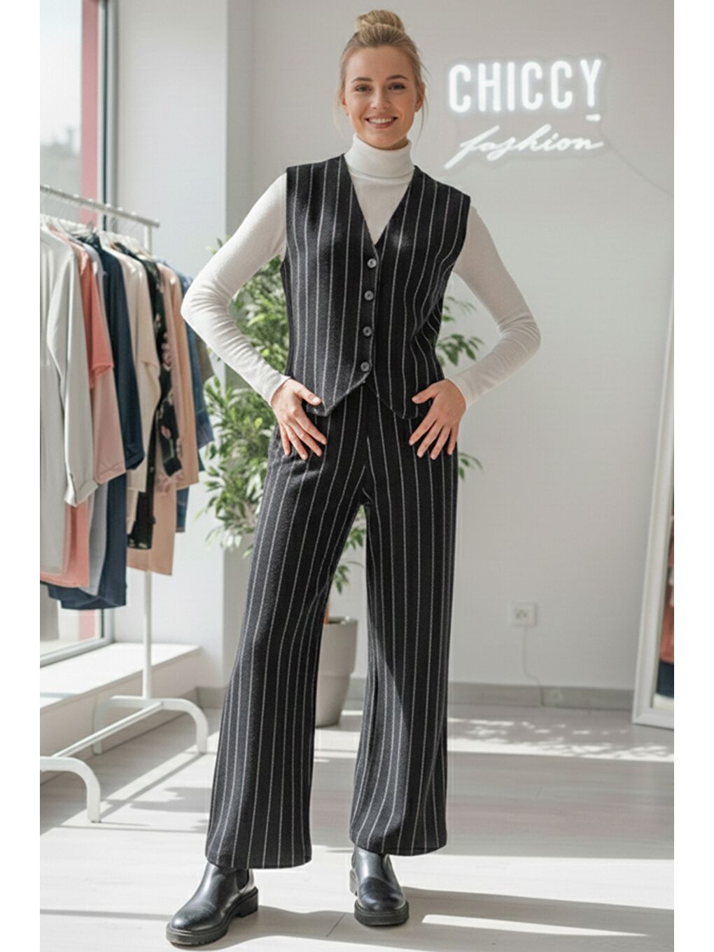 Siyah V Yaka Kolsuz Çizgili Lastikli Bel Casual Oversize Triko Yelek Pantolon Takım 55-110 55-55-2