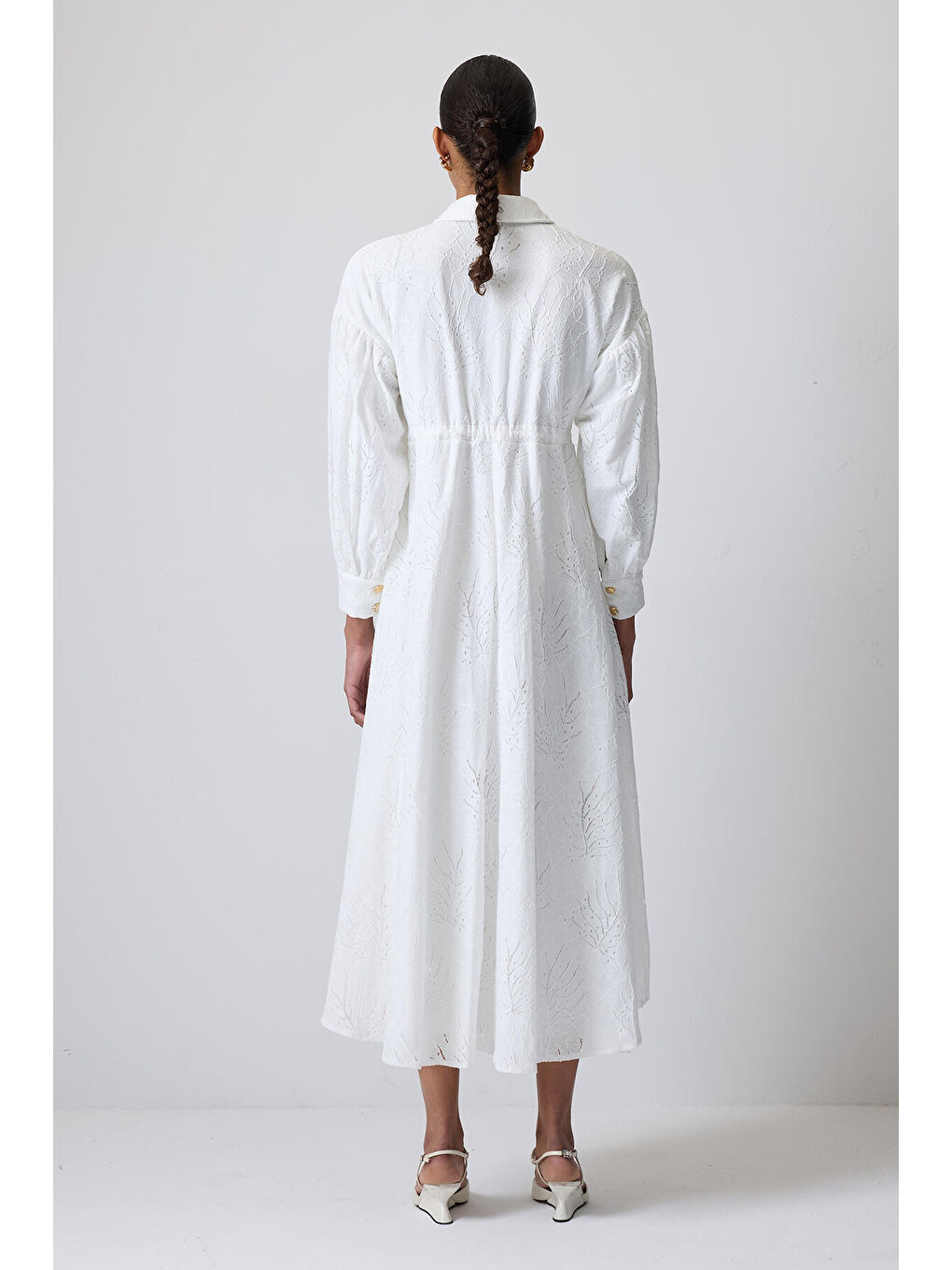 Ekru Gold Düğmeli Bağcıklı Elbise-3