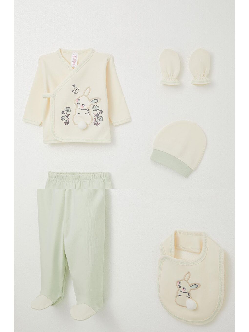 Ekru Kız Bebek Hastane Çıkışı 5 Li Tavşan Nakışlı & Çiçekli Krem (0-3 Ay)