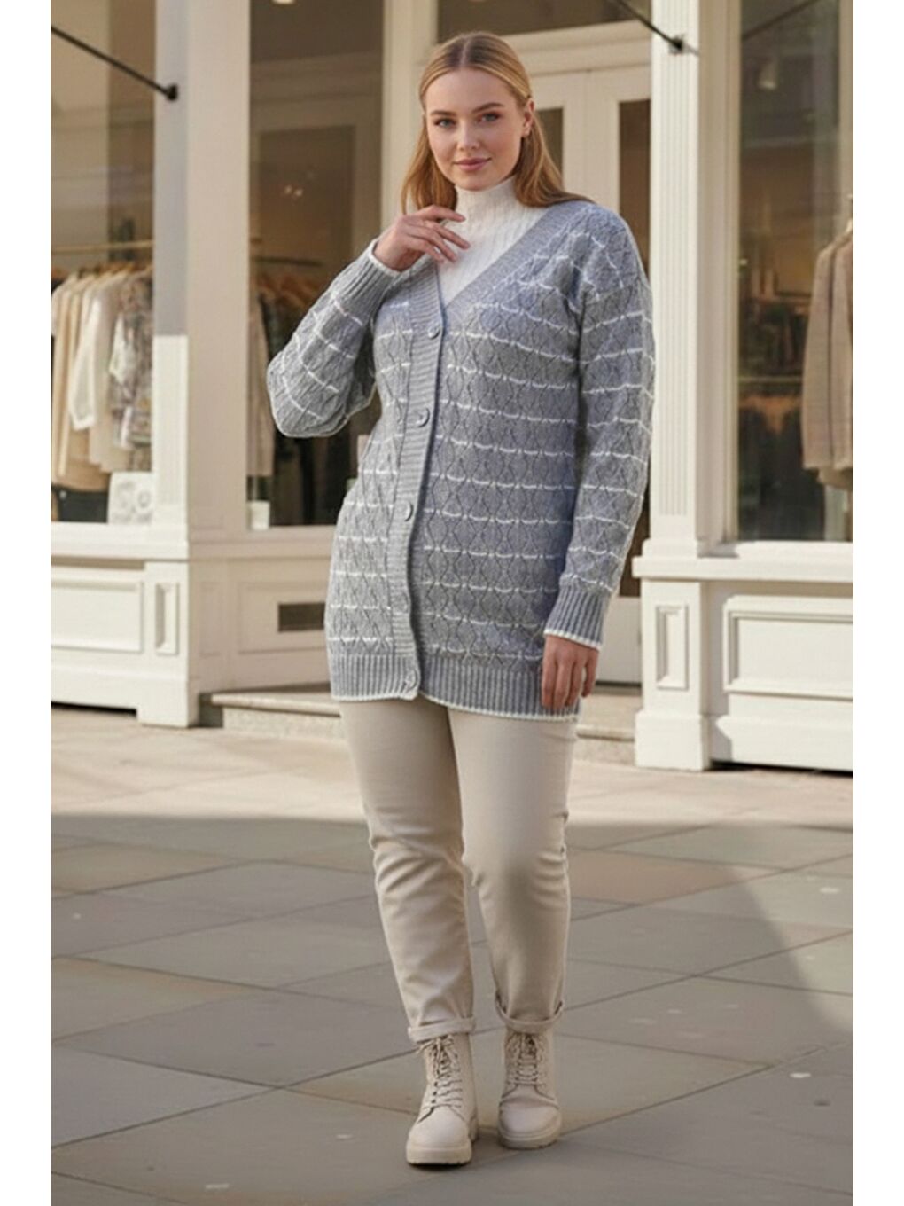 Büyük Beden Gri-Beyaz V Yaka Uzun Kol Çizgili Düğmeli Casual Ajur Örgü Triko Hırka 80 62-1