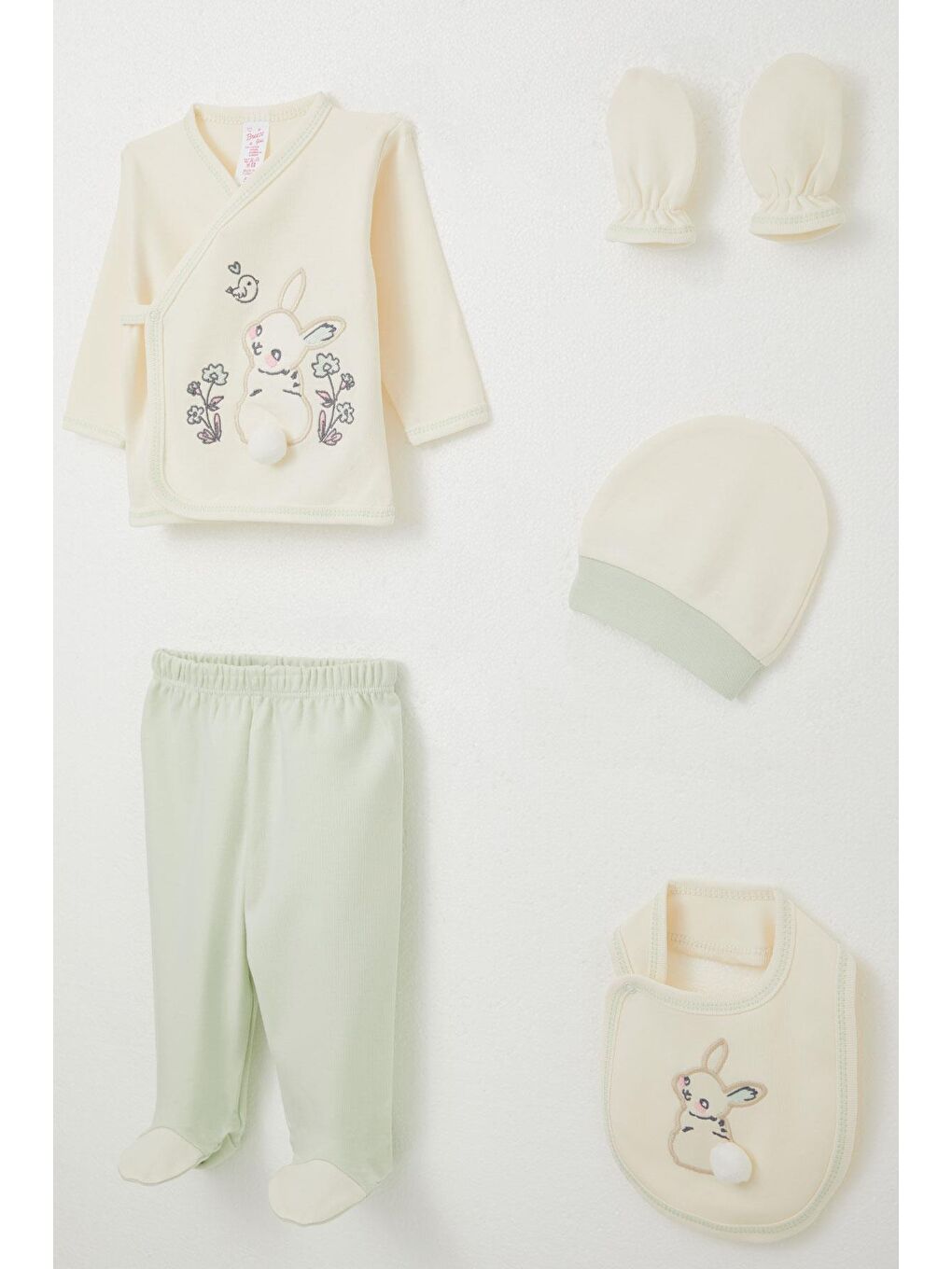 Ekru Kız Bebek Hastane Çıkışı 5 Li Tavşan Nakışlı & Çiçekli Krem (0-3 Ay)-1