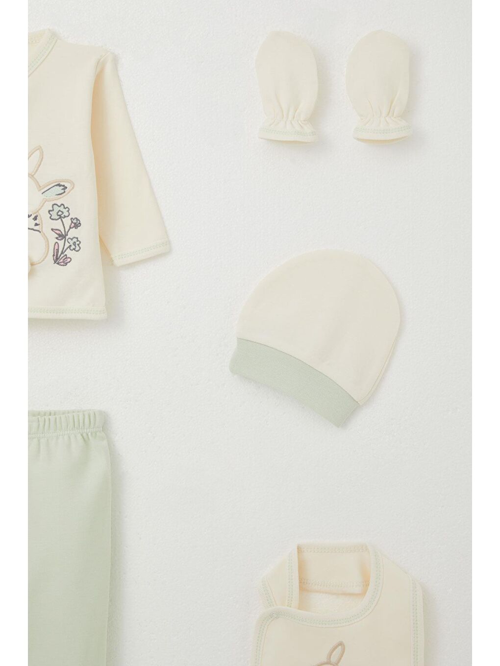 Ekru Kız Bebek Hastane Çıkışı 5 Li Tavşan Nakışlı & Çiçekli Krem (0-3 Ay)-5