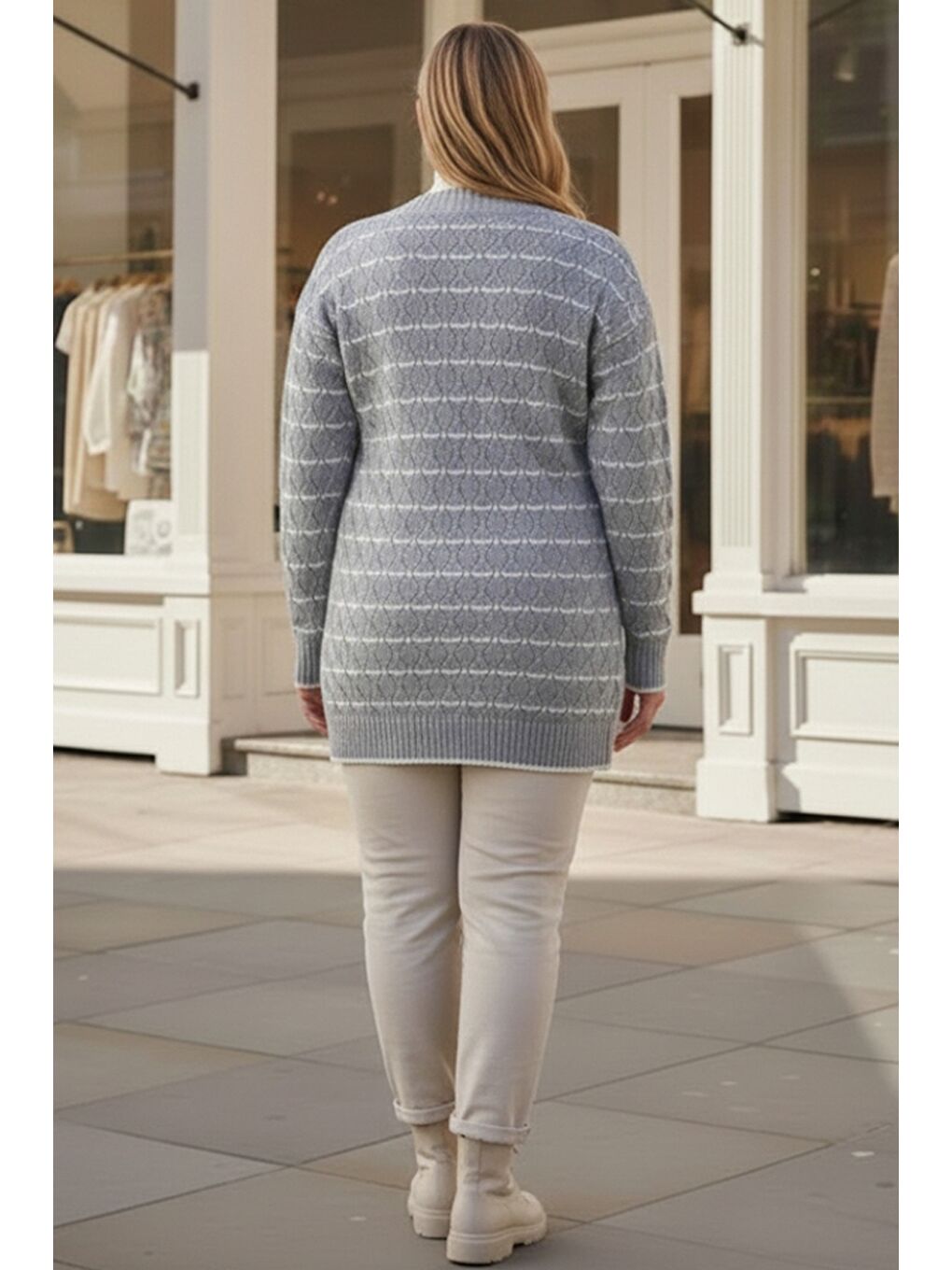 Büyük Beden Gri-Beyaz V Yaka Uzun Kol Çizgili Düğmeli Casual Ajur Örgü Triko Hırka 80 62-3