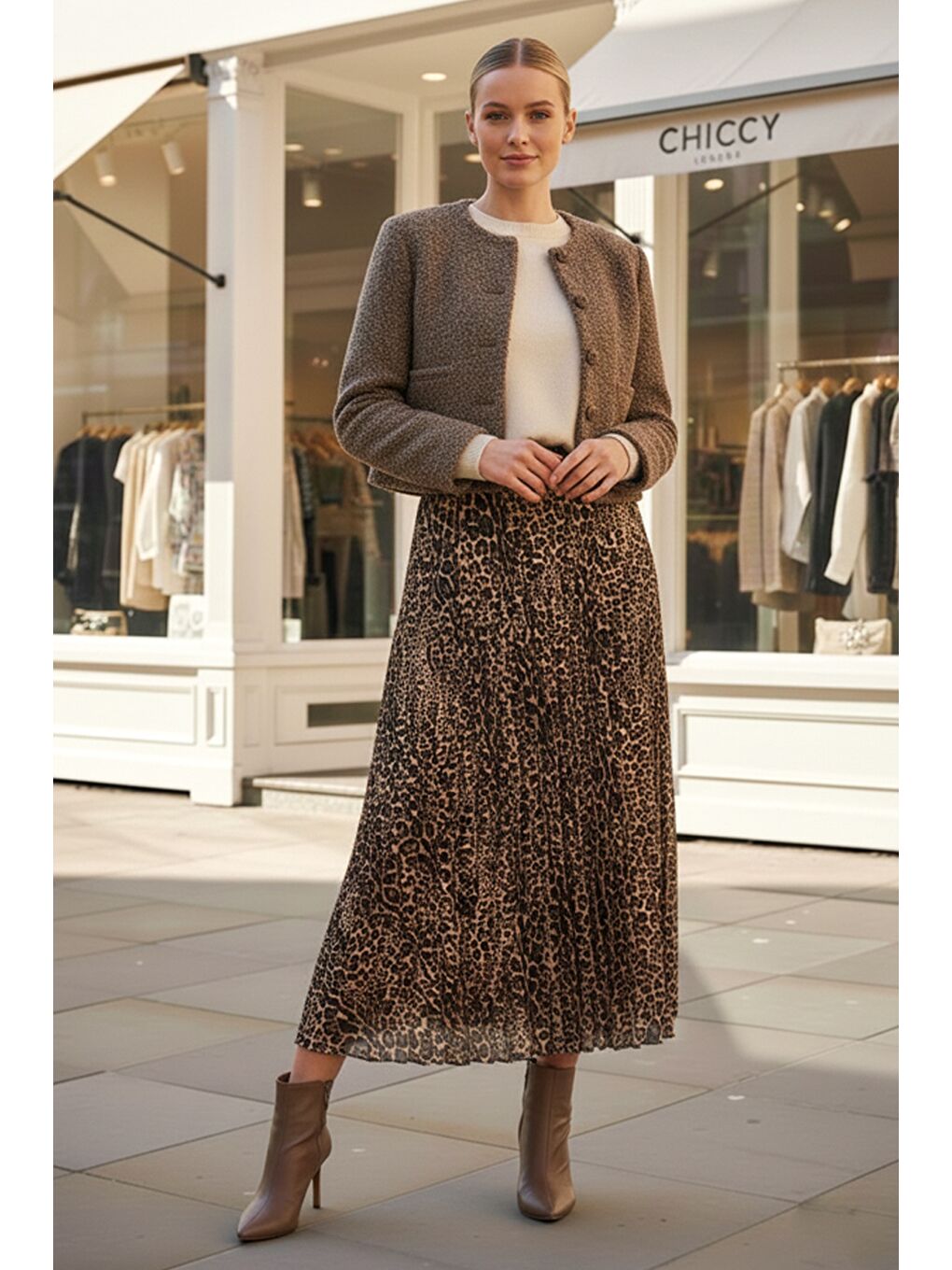 Kahverengi Leopar Desenli Eteği Pliseli Lastikli Bel Casual Uzun Dokuma Etek 95 60-1