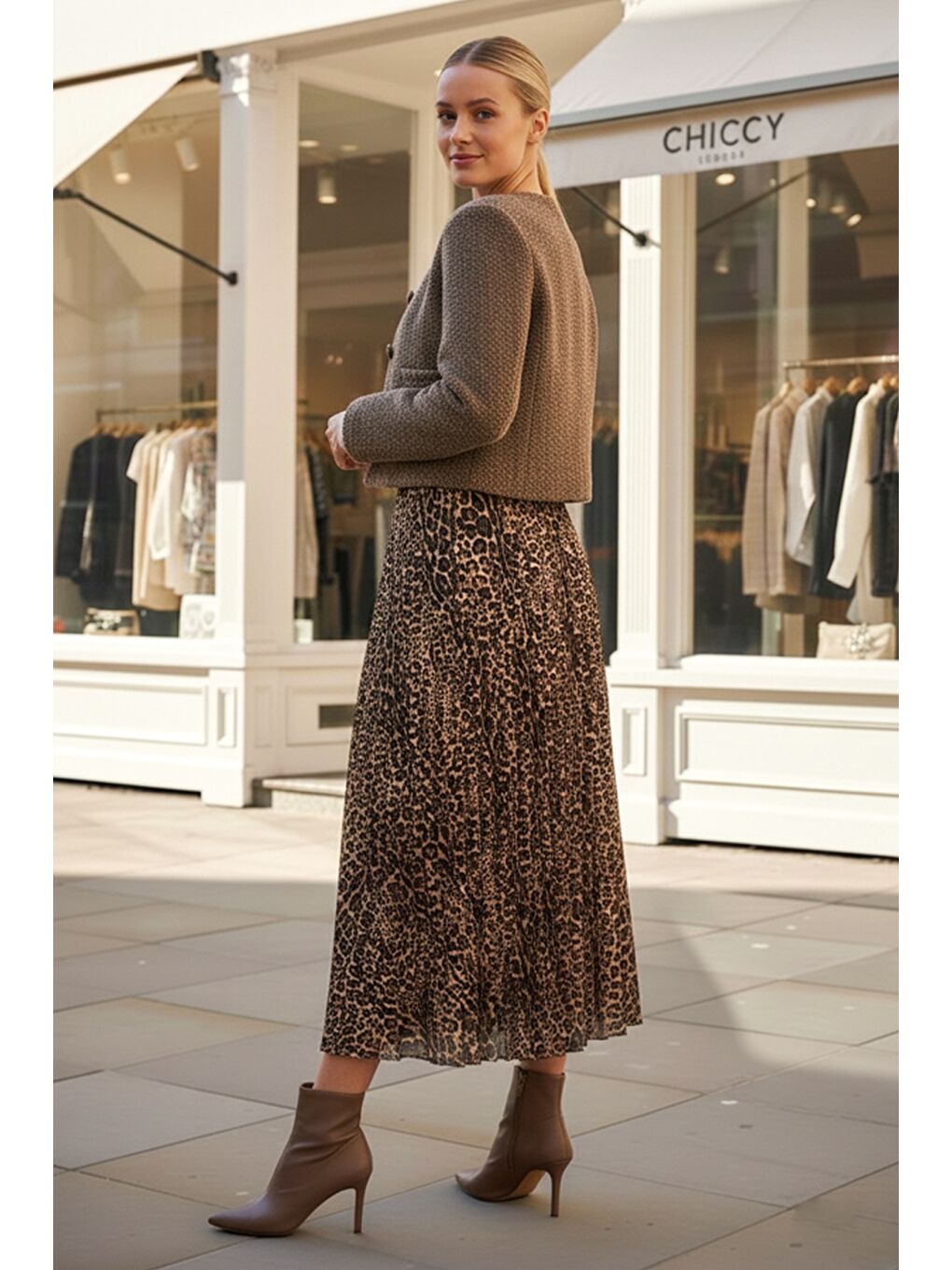 Kahverengi Leopar Desenli Eteği Pliseli Lastikli Bel Casual Uzun Dokuma Etek 95 60-2