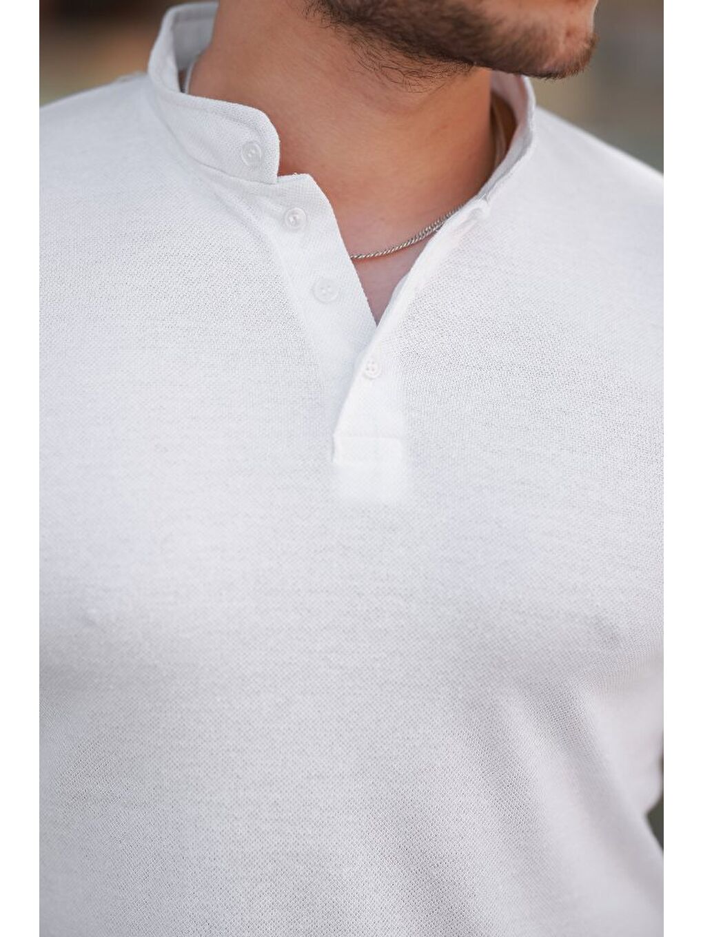 Beyaz Erkek Hakim Yaka Dokuma Pamuklu Kumaş Kısa Kollu T-shirt-2