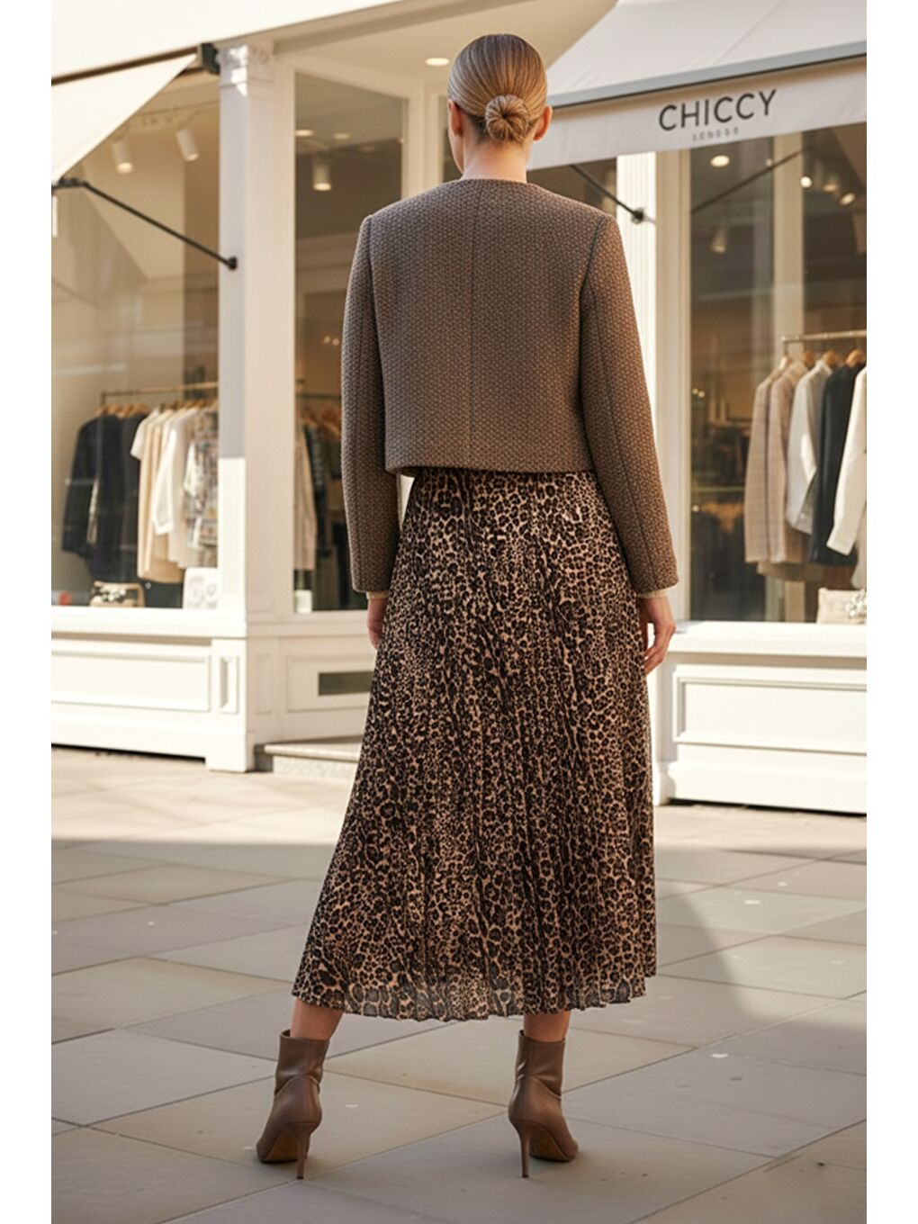 Kahverengi Leopar Desenli Eteği Pliseli Lastikli Bel Casual Uzun Dokuma Etek 95 60-3