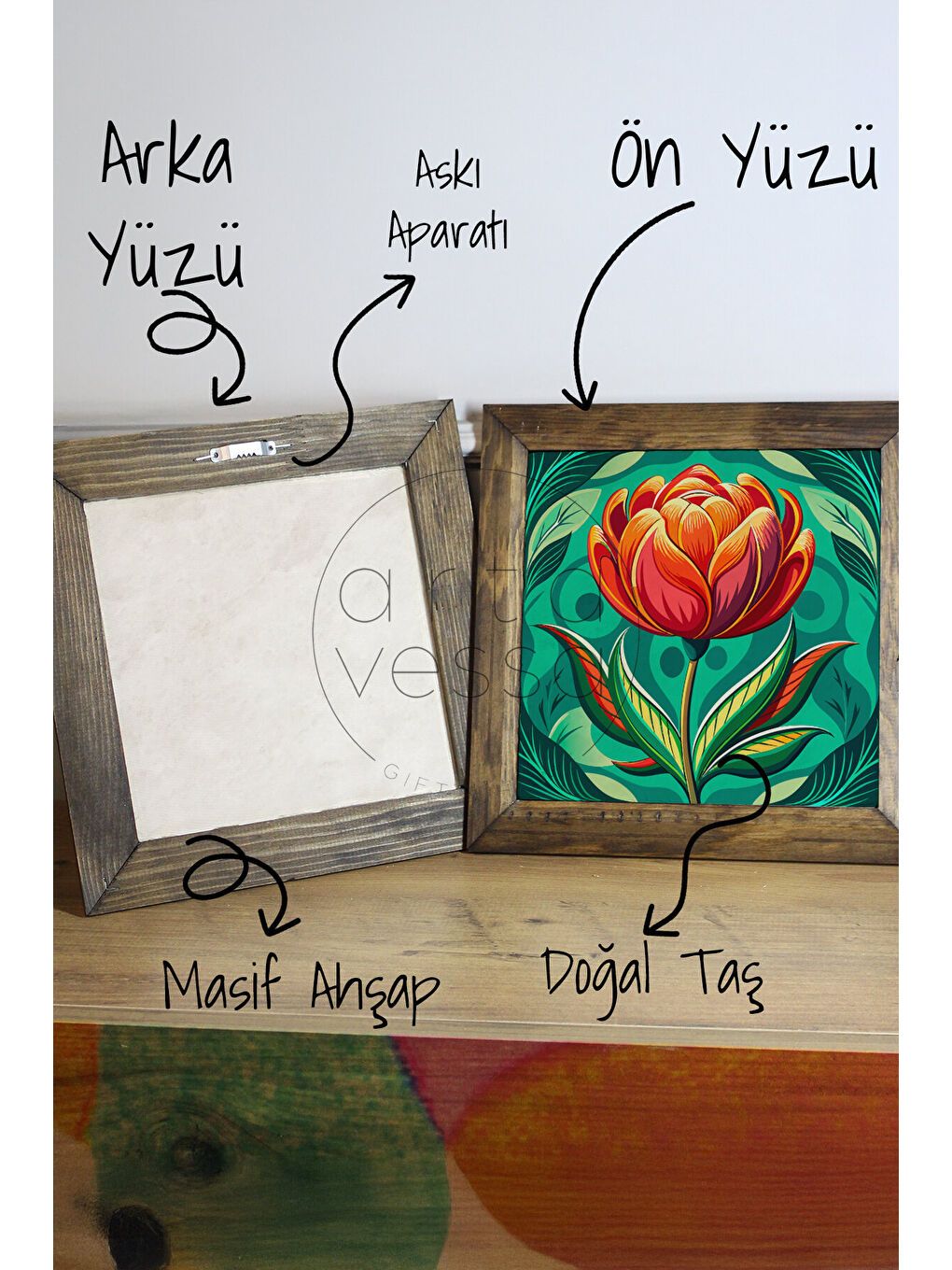 Beyaz Masif Ahşap Çerçeveli Taş Tablo Pano 26 x 26 cm - Bahar ve Çiçek 1 - 26 x 26-2