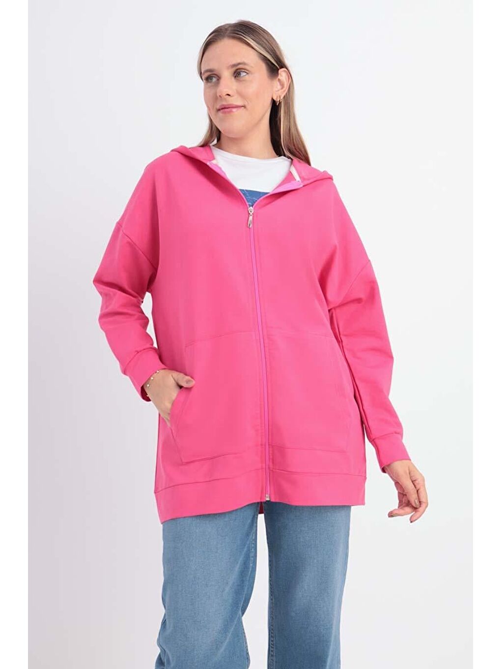ALLDAY Fuşya Kapüşonlu Fermuarlı Sweat Hırka