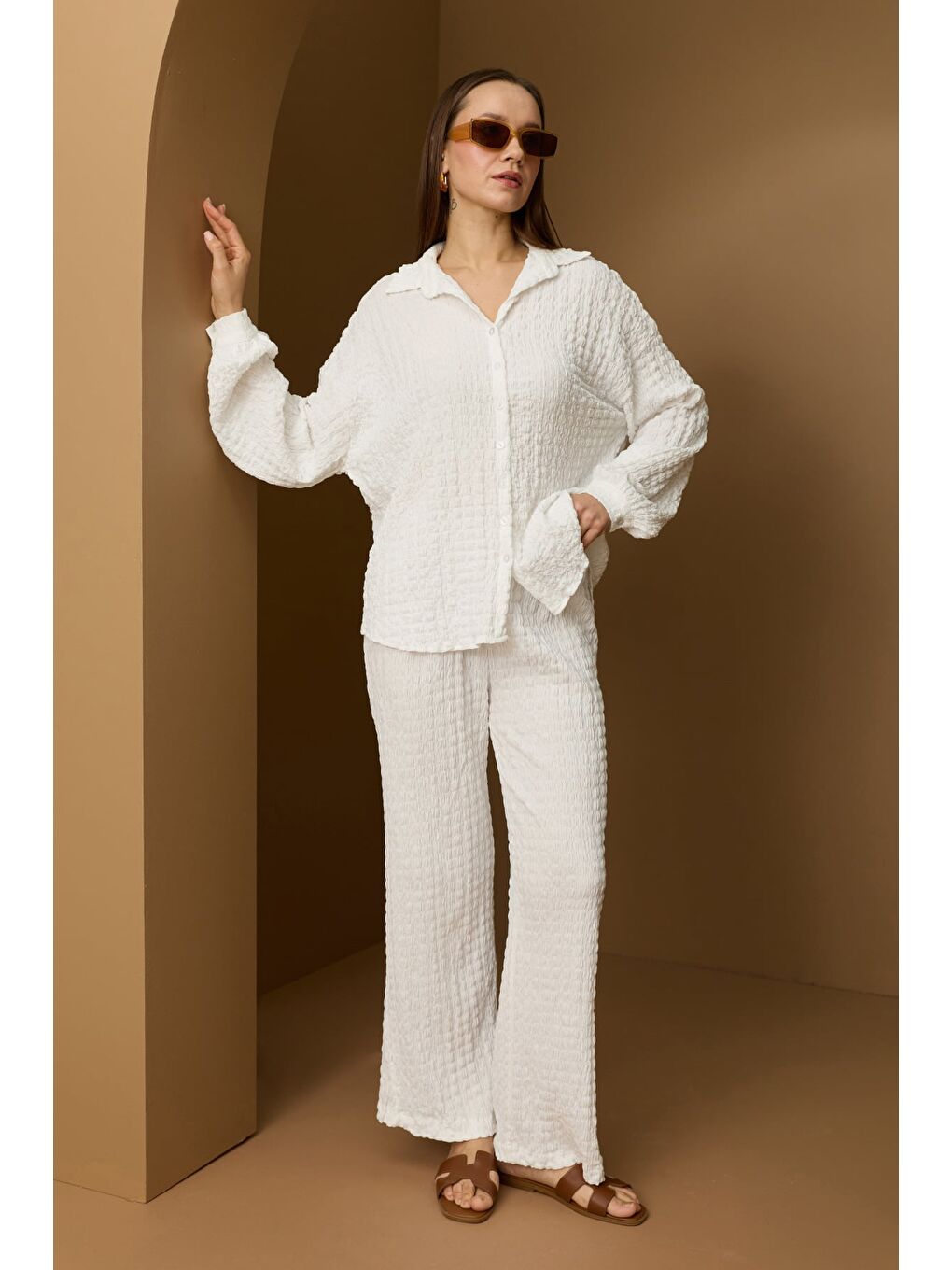 Beyaz Fullamodest Dokulu Düğmeli 2 Li Takım-1