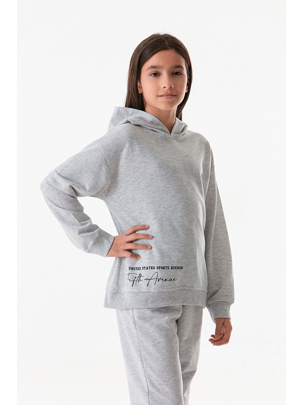 Gri Yazı Baskılı Kapüşonlu Jogger Kız Çocuk Eşofman Takımı-3