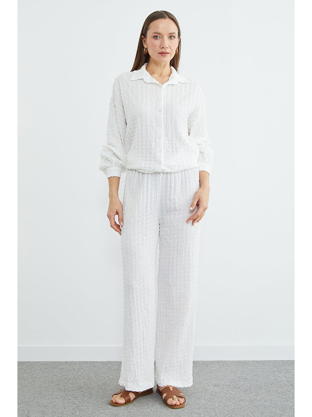 Beyaz Fullamodest Dokulu Düğmeli 2 Li Takım-3