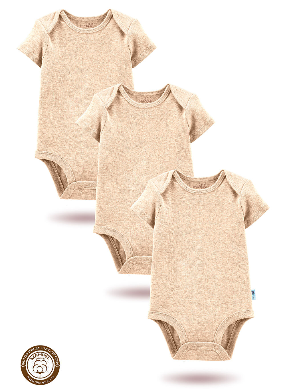 3 lü Bej  100 Pamuklu Organik Çıtçıtlı Bebek Body Zıbın