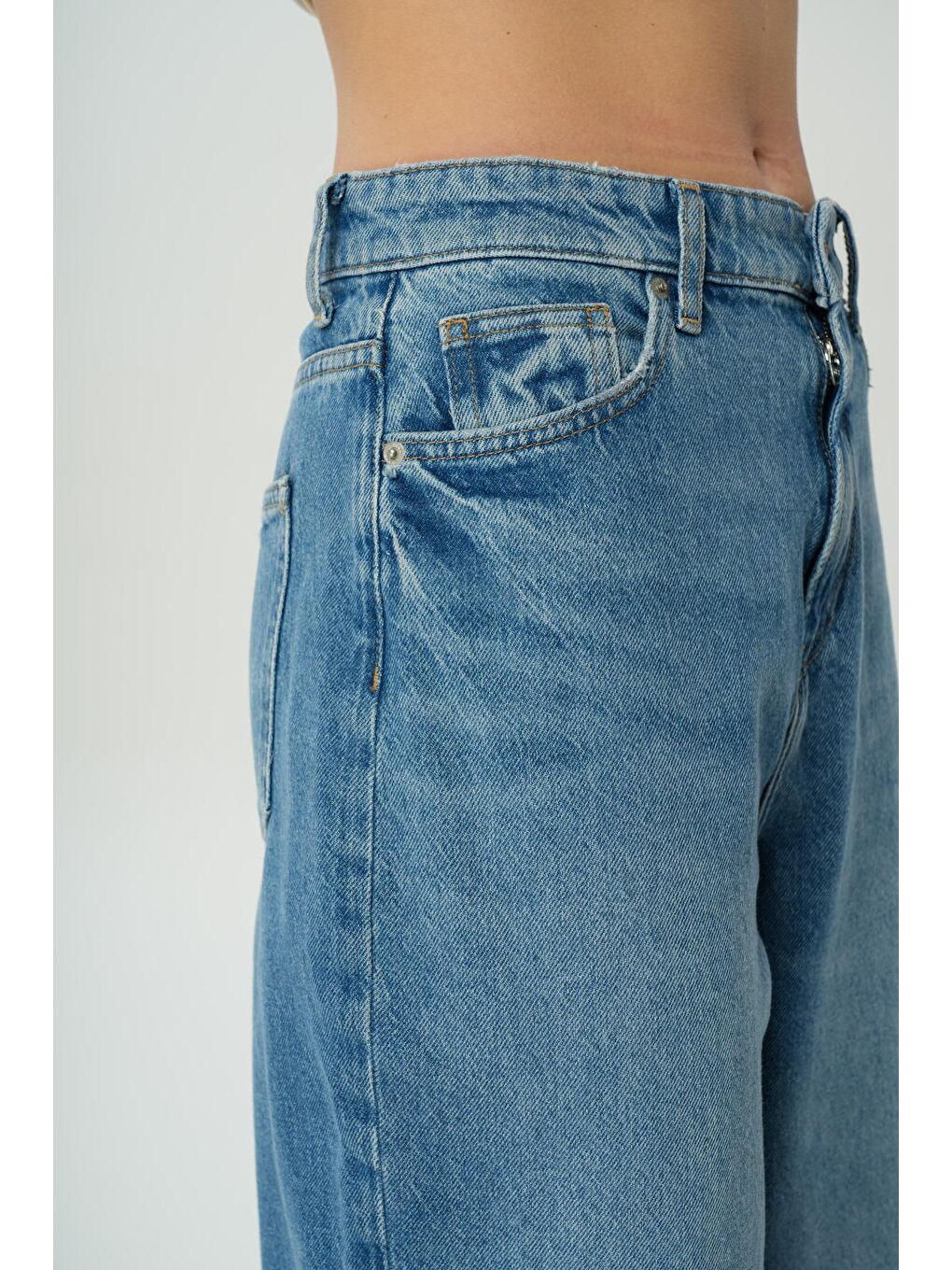 CROSS JEANS Orta Mavi Yüksek Bel Patı Fermuarlı Palazzo Jean Pantolon C 4809-005 - 4