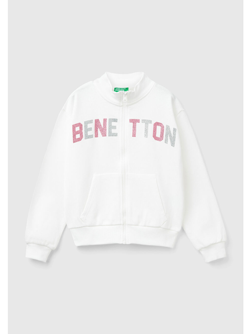 United Colors Of Benetton Kız Çocuk Beyaz Parıltılı Logo Baskılı Fermuarlı Cepli Yüksek Yaka Sweatshirt