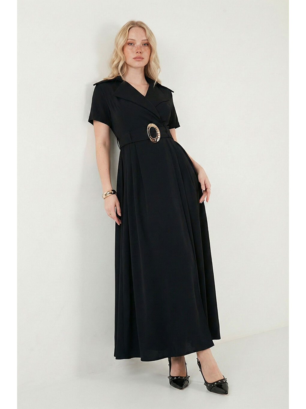 Siyah Regular Fit Kruvaze Yaka Tokalı Kemer Detaylı Kadın Elbise 6922332-2