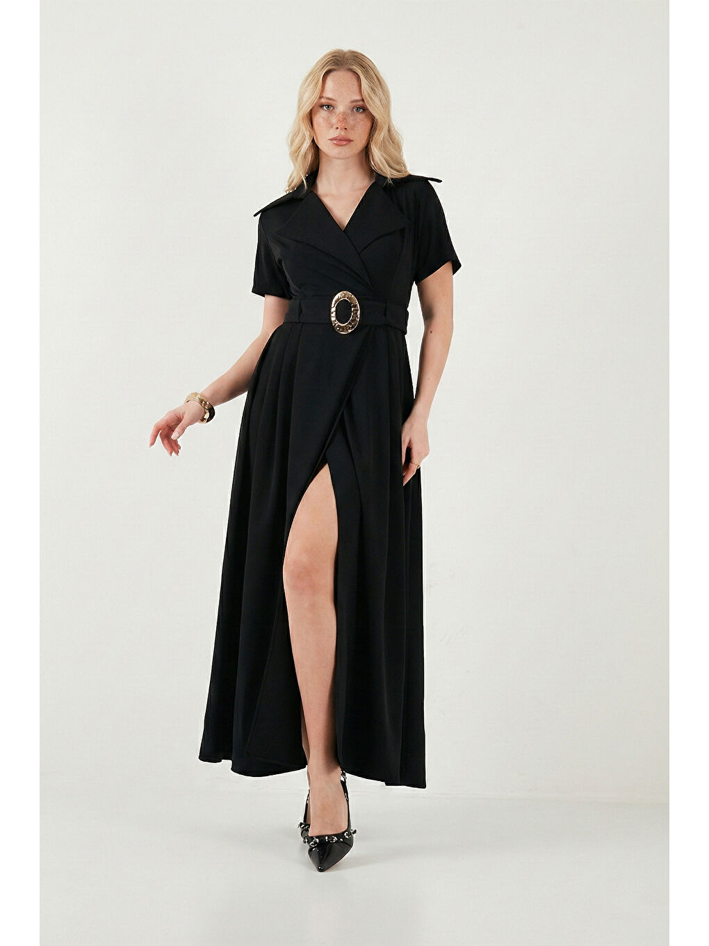 Siyah Regular Fit Kruvaze Yaka Tokalı Kemer Detaylı Kadın Elbise 6922332-4