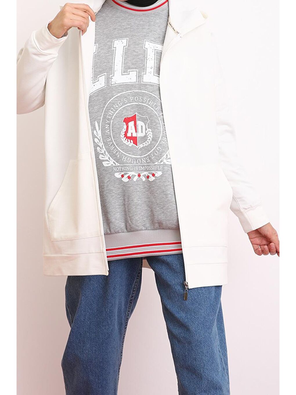 ALLDAY Ekru Kapüşonlu Fermuarlı Sweat Hırka