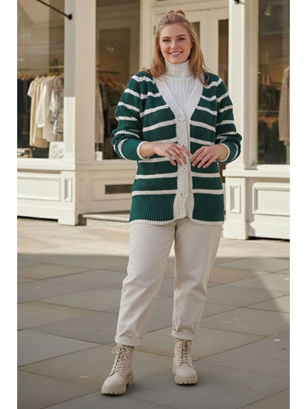 Büyük Beden Koyu Yeşil V Yaka Uzun Kol Çizgili Düğmeli Kalın Casual Triko Hırka 70 70-1