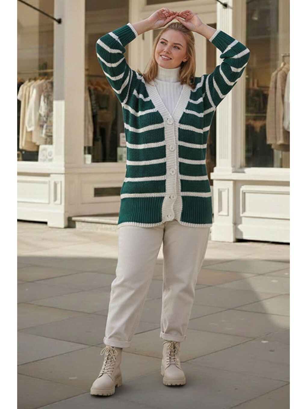 Büyük Beden Koyu Yeşil V Yaka Uzun Kol Çizgili Düğmeli Kalın Casual Triko Hırka 70 70-2