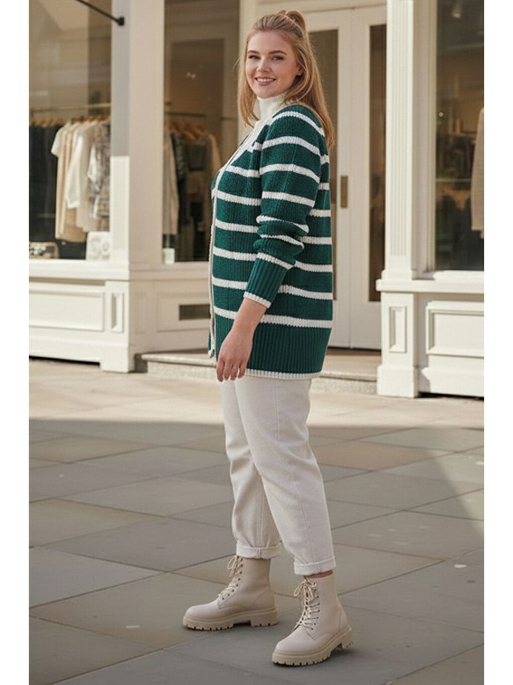 Büyük Beden Koyu Yeşil V Yaka Uzun Kol Çizgili Düğmeli Kalın Casual Triko Hırka 70 70-3