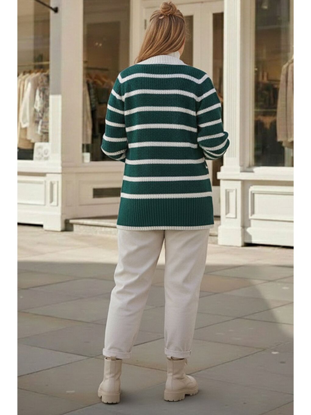 Büyük Beden Koyu Yeşil V Yaka Uzun Kol Çizgili Düğmeli Kalın Casual Triko Hırka 70 70-4