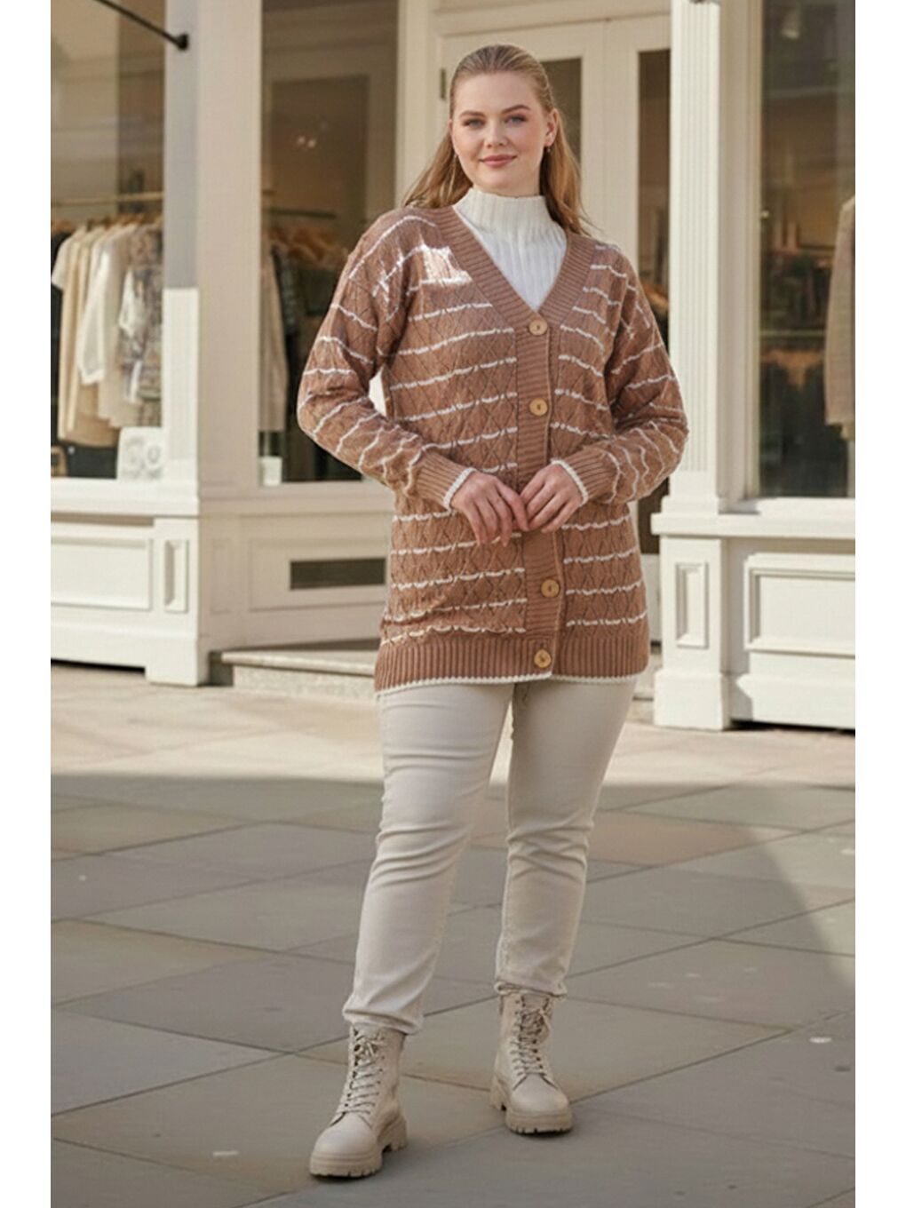 Kahverengi Büyük Beden Sütlü Kahve V Yaka Uzun Kol Çizgili Düğmeli Casual Ajur Örgü Triko Hırka 80 62-1