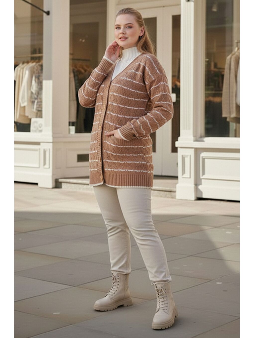 Kahverengi Büyük Beden Sütlü Kahve V Yaka Uzun Kol Çizgili Düğmeli Casual Ajur Örgü Triko Hırka 80 62-2