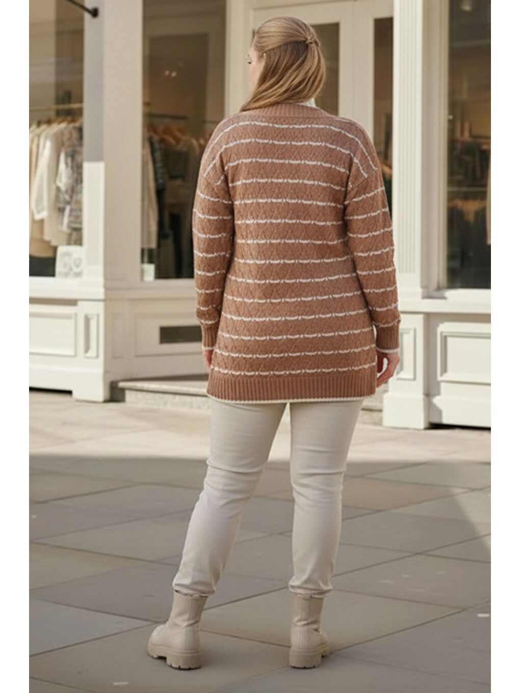 Kahverengi Büyük Beden Sütlü Kahve V Yaka Uzun Kol Çizgili Düğmeli Casual Ajur Örgü Triko Hırka 80 62-3