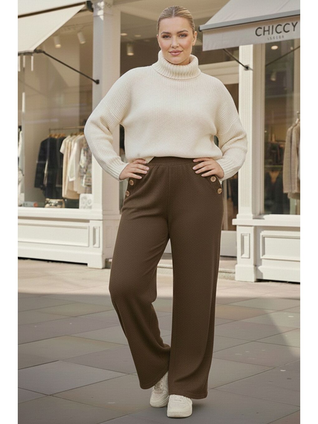 İtalyan Büyük Beden Kahverengi Lastikli Bel Geniş Paça İnce Fitilli Kadife Dokuma Pantolon 100 62-1