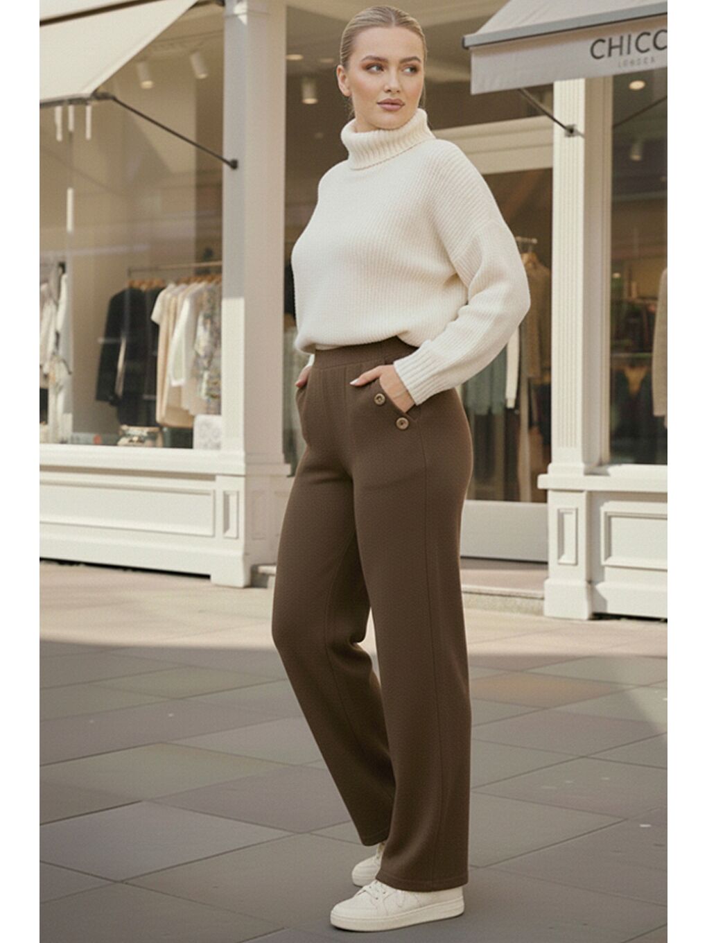 İtalyan Büyük Beden Kahverengi Lastikli Bel Geniş Paça İnce Fitilli Kadife Dokuma Pantolon 100 62-2