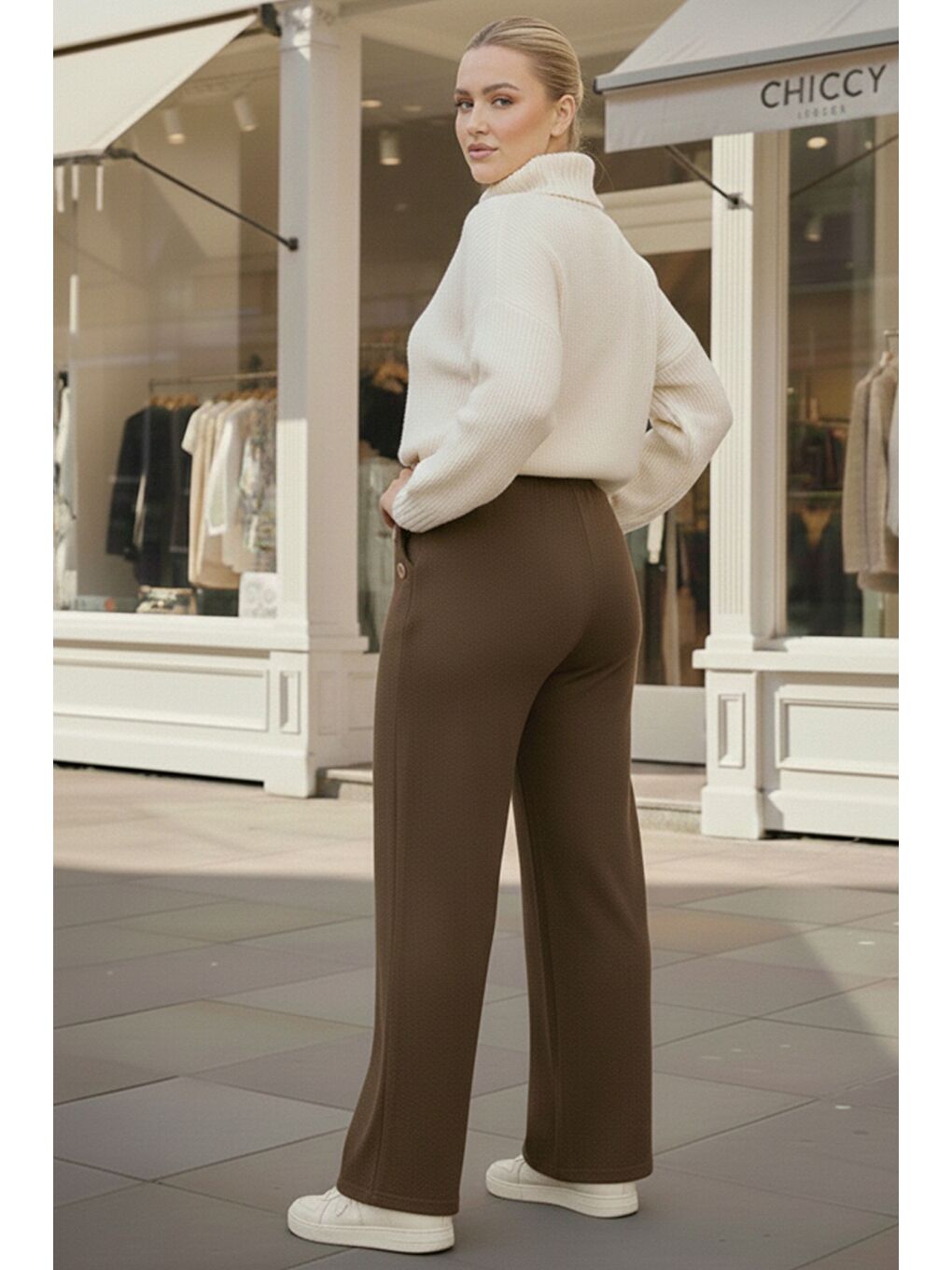 İtalyan Büyük Beden Kahverengi Lastikli Bel Geniş Paça İnce Fitilli Kadife Dokuma Pantolon 100 62-3